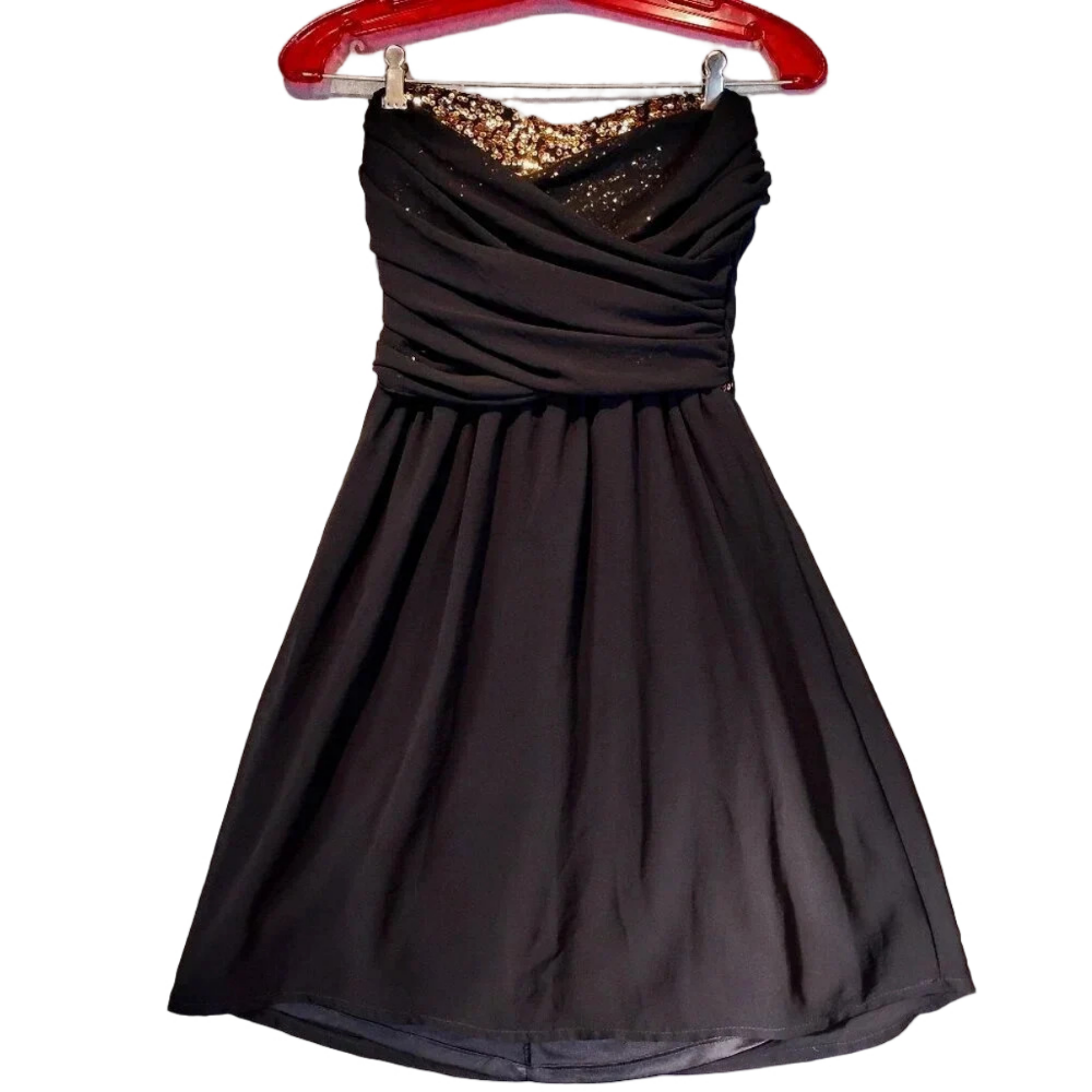 LuLu's Black with Gold Sequined Bodice Strapless Cocktail Dress CK MEASUREMENTS